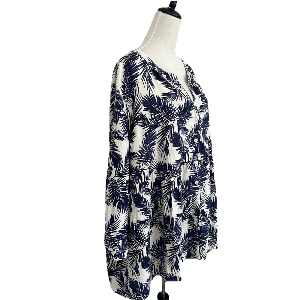 Jones & Co Linen Blend Blouse Top Women 3X  3/4 Sleeves Babydoll Blue Cream NWOT - Picture 7 of 12